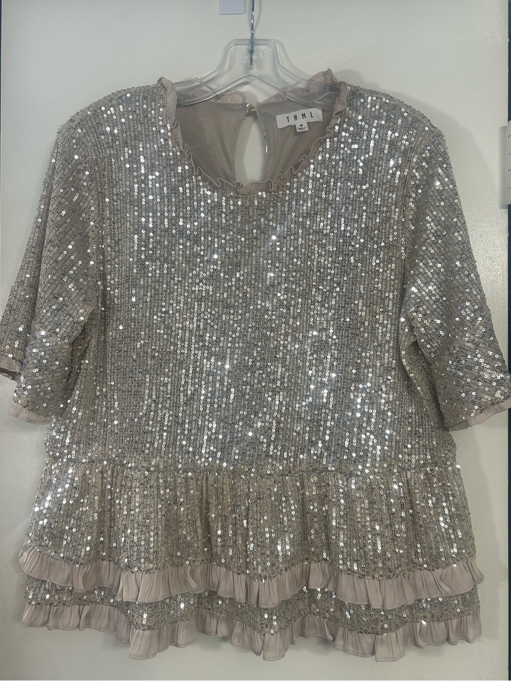 THML gold sequin peplum ruffle top